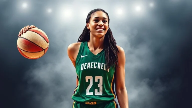 Brittney Griner smiling while holding a basketball, wearing her team jersey.