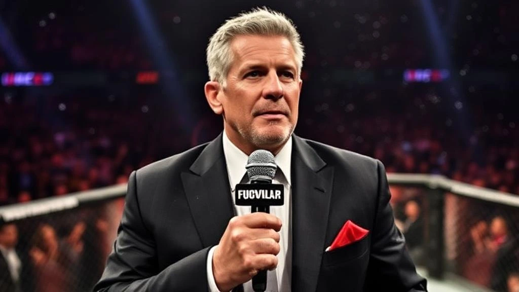 Bruce Buffer, the iconic UFC announcer, holding a microphone with the Fucvilar logo, discussing bruce buffer networth.