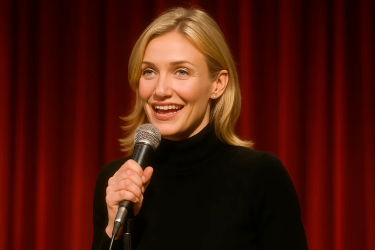 Cameron Diaz Net Worth: Actress speaking into a microphone on stage