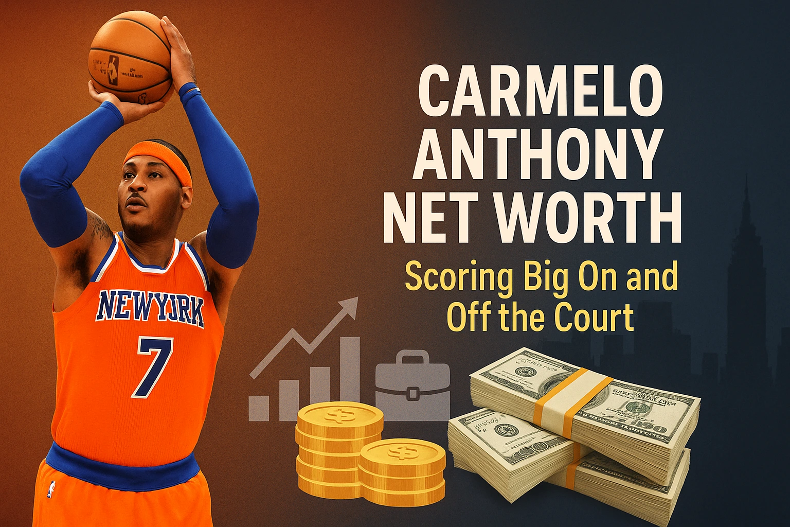 Carmelo Anthony Net Worth: Image of Carmelo Anthony in his New York Knicks jersey preparing to shoot a basketball.