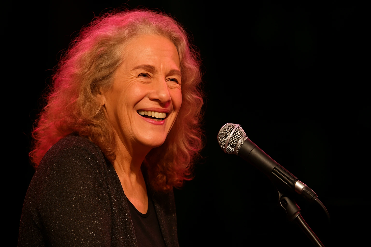 Carole King Net Worth: The legendary singer-songwriter smiles at a microphone.